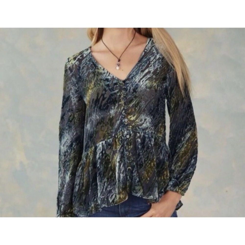 Sundance Womens XS Velvet Burnout Silk Blouse Blue Green Whimsigoth Boho Fairy